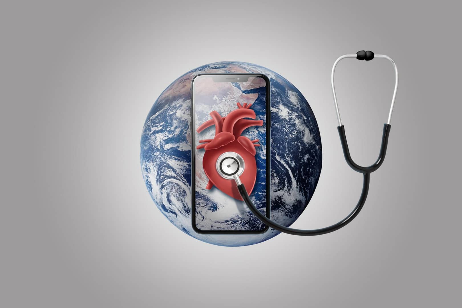 smartphone earth with stethoscope heart